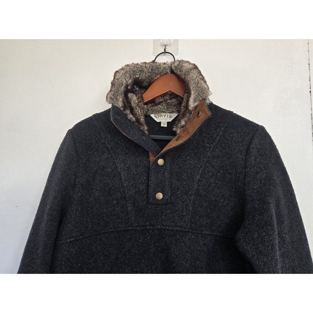 Orvis Sweater Womens Size M Snap Pullover Faux Fur Collar Grey Jacket Outdoor - Picture 2 of 9
